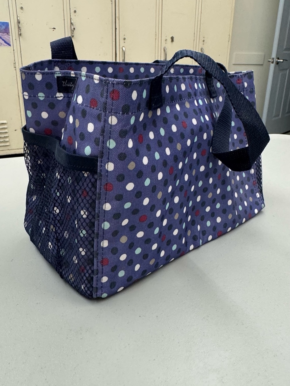 thirty-one Purple Polka Dot Utility Tote with Navy Handles